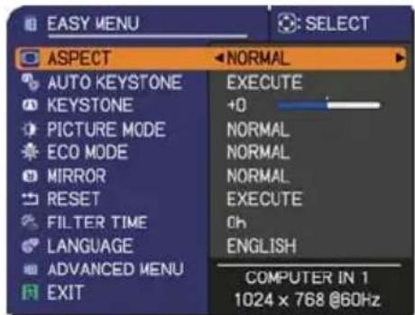 EASY MENU ASPECT AUTO KEYSTONE KEYSTONE PICTURE MODE ECO MODE MIRROR RESET FILTER TIME LANGUAGE ADVANCED MENU EXIT NORMAL EXECUTE +0 NORMAL NORMAL NORMAL EXECUTE Oh ENGLISH COMPUTER IN 1 1024 x 768 @60Hz
