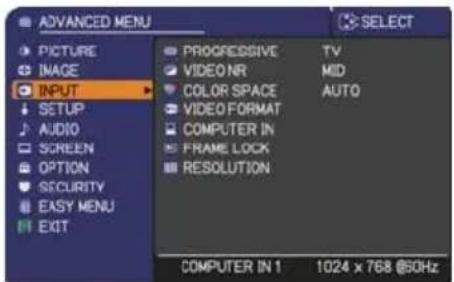ADANCED MENU PICTURE IMAGE INPUT SETUP AUDIO SCREEN OPTION SECURITY EASY MENU EXIT PROGRESSIVE TV VIDEO NR MID COLOR SPACE AUTO VIDEO FORMAT COMPUTER IN FRAME LOCK RESOLUTION COMPUTER IN 1 1024 x 768 @50Hz