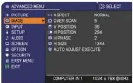ADANCED MENU PICTURE IMAGE INPUT SETUP AUDIO SCREEN OPTION SECURITY EASY MENU EXIT ASPECT OVER SCAN V POSITION H POSITION H PHASE H SIZE AUTO ADJUST EXECUTE NORMAL 5 35 294 2 1344 COMPUTER IN 1 1024 x 768 @50Hz