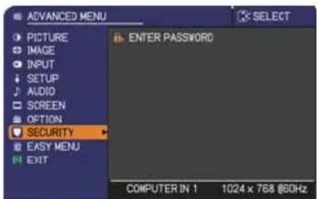ADVANCED MENU PICTURE IMAGE INPUT SETUP AUDIO SCREEN OPTION SECURITY EASY MENU EXIT ENTER PASSWORD COMPUTER IN 1 1024 x 768 @60Hz