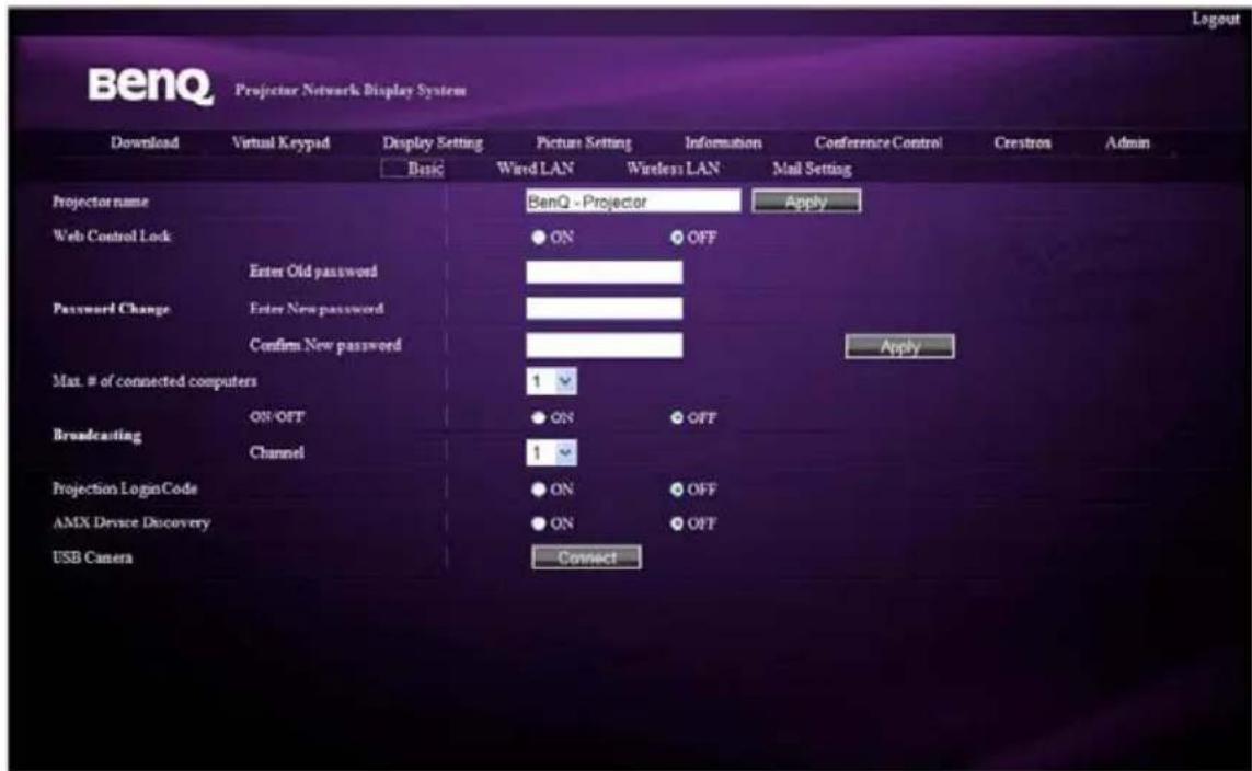 BenQ Projectar Network Display System Download Virtual Keypad Display Setting Picture Setting Information Conference Control Crestros Admin Basic Wired LAN Wireless LAN Mail Setting Projector name BenQ - Projector Apply Web Control Lock ● ON ● OFF Enter Old password Password Change Enter New password Confirm New password Apply Max. # of connected computers 1 Broadcasting ON/OFF ● ON ● OFF Channel 1 Projection LoginCode ● ON ● OFF AMX Device Discovery ● ON ● OFF USB Camera Connect