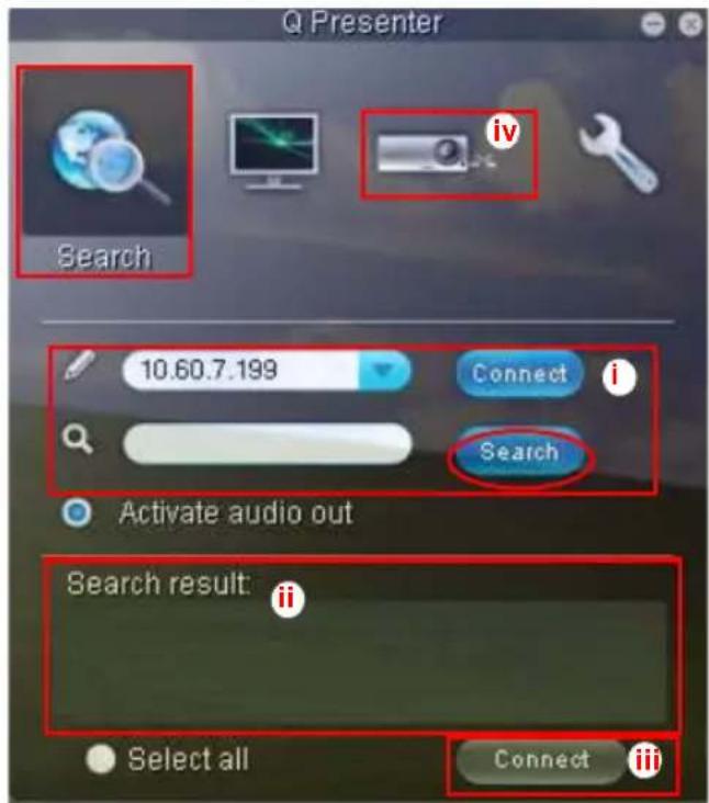 Q Presenter Search 10.60.7.199 Connect i Search Activate audio out Search result: ii Select all Connect iii