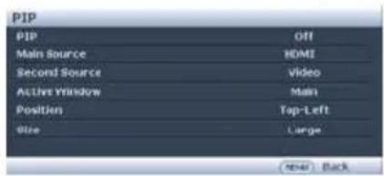 PIP PIP Off Main Source HDMI Second Source Video Active Window Main Position Top-Left Size Large (Near) Back