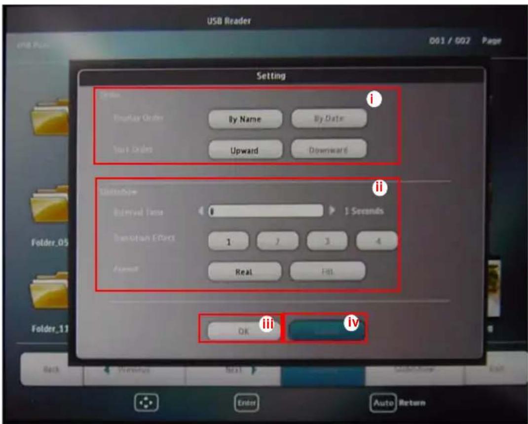 USB Reader 001 / 002 Page Setting By Name By Date Upward Downward Format Type Removal Time 1 Seconds Transition Effects 1 7 3 4 Format Real Fill OK iv Folder_05 Folder_11 Back Enter Next Auto Return