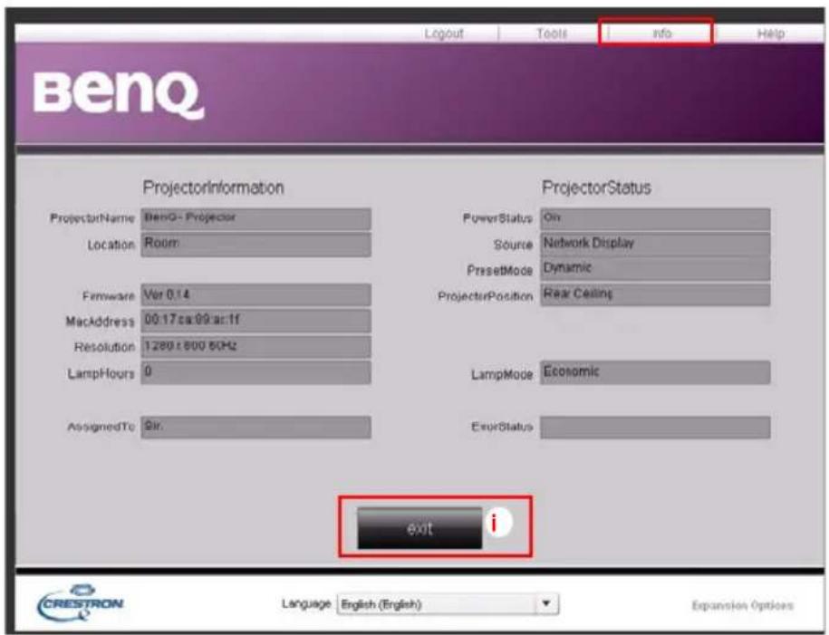BenQ ProjectorInformation ProjectorName BenO - Projector Location Room Firmware Ver 0.14 MacAddress 00:17 ca:99 as:1f Resolution 1280 x 500 kHz LampHours 0 AssignedTo Sir. ProjectorStatus PowerStatus On Source Network Display PresetMode Dynamic ProjectorPosition Rear Ceiling LampMode Economic ErrorStatus exit i Language English (English) Expansion Options