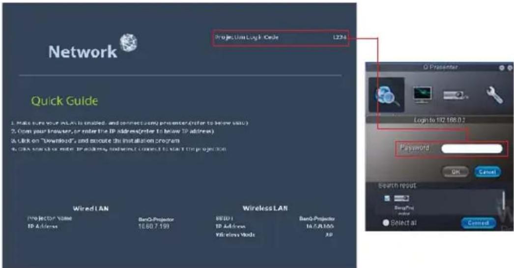 Network Project Unit Log1 Code 1234 Quick Guide 1. Make sure your WLAN is enabled, and connecting us presenter (refer to below unit) 2. Open your browser, or enter the IP address (refer to below IP address) 3. Use on "Download", and execute the installation program 4. Use other IP address, and then connect to start the projector Wired LAN Wireless LAN Project Unit Name IP Address BenO-Projector 1660.7.199 88001 IP Address Wireless Mode BenO-Projector 1676.9.105 XP Project Unit Log1 Code 1234 Login to 192.168.0.1 Password OK Cancel Search result BenO-Projector Select all Connected