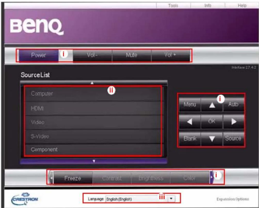 BenQ Power i Vol - Mute Vol + SourceList Computer ii HDMI Video S-Video Component Menu i Auto OK Blank Source Freeze Contrast Brightness Color i Language English(English) iii CRESTRON Expansion Options