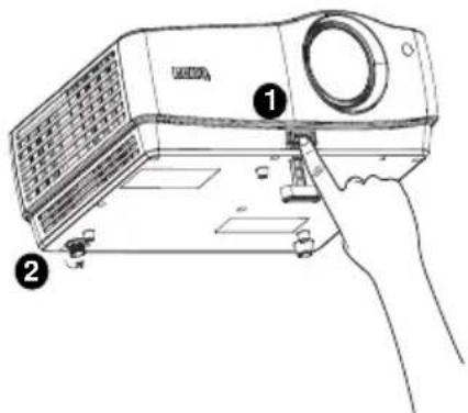 Diagram of a projector with labeled parts, showing part 1 being inserted into the base and part 2 being inserted.