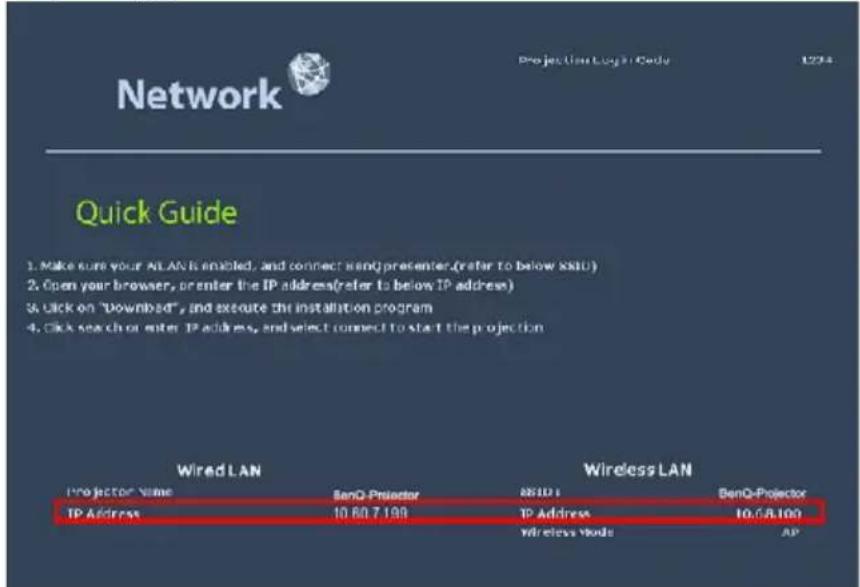 Network Projection Log in Code 1234 Quick Guide 1. Make sure your ALAN is enabled, and connect usq presenter.(refer to below SNID) 2. Open your browser, preenter the IP address(refer to below IP address) 3. Click on "Download", and execute the installation program 4. Click search or enter IP address, end select connect to start the projection Wired LAN Wireless LAN Projector Name SenQ-Projector NSID1 BenQ-Projector IP Address 10.60.7.199 IP Address 10.68.100 Wireless Node AP