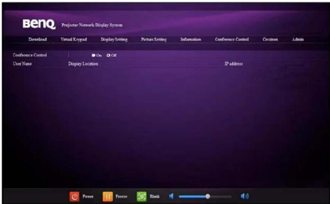 Benq Projector Network Display System Download Virtual Keypad Display Setting Picture Setting Information Conference Control Crestron Admin Conference Control On Off User Name Display Location IP address Power Freeze Blank