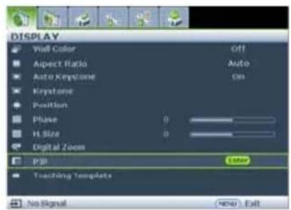 DISPLAY Wall Color Off Aspect Ratio Auto Auto Keystone On Keystone Position Plane 0 H Size 0 Digital Zoom RGB Change Teaching Template No Signal Next Exit