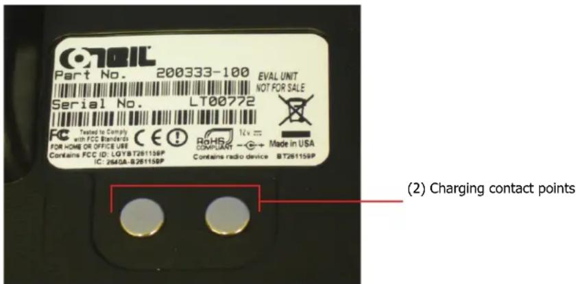 CNOIL Part No. 200333-100 EVAL UNIT Serial No. LT00772 NOT FOR SALE FC Tested to comply with FCC Standards CE! FOR HOME OR OFFICE USE Contains FCC ID: LGYBT261156P IC: 2640A-B261156P RoHS COMPLIANT → → Made in USA Contains radio device BT261156P (2) Charging contact points