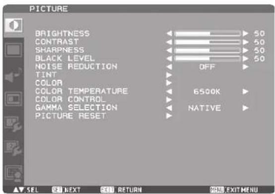 PICTURE BRIGHTNESS CONTRAST SHARPNESS BLACK LEVEL NOISE REDUCTION TINT COLOR COLOR TEMPERATURE COLOR CONTROL GAMMA SELECTION PICTURE RESET 50 50 50 50 OFF 6500K NATIVE SEL NEXT EXIT RETURN MENU EXIT MENU