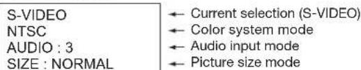 S-VIDEO NTSC AUDIO : 3 SIZE : NORMAL ← Current selection (S-VIDEO) ← Color system mode ← Audio input mode ← Picture size mode