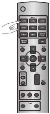 Diagram of a remote control with labeled buttons and a hand pointing to the left button.