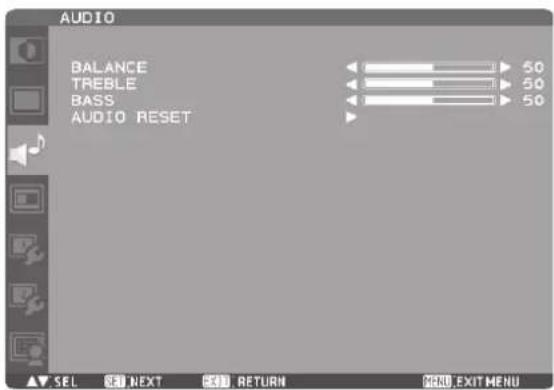 AUDIO BALANCE TREBLE BASS AUDIO RESET 50 50 50 SEL NEXT RETURN MENU EXIT MENU