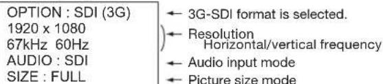 OPTION : SDI (3G) 1920 x 1080 67kHz 60Hz AUDIO : SDI SIZE : FULL ← 3G-SDI format is selected. ← Resolution Horizontal/vertical frequency ← Audio input mode ← Picture size mode