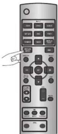 Diagram of a remote control panel with labeled buttons and a hand pointing to the left button.