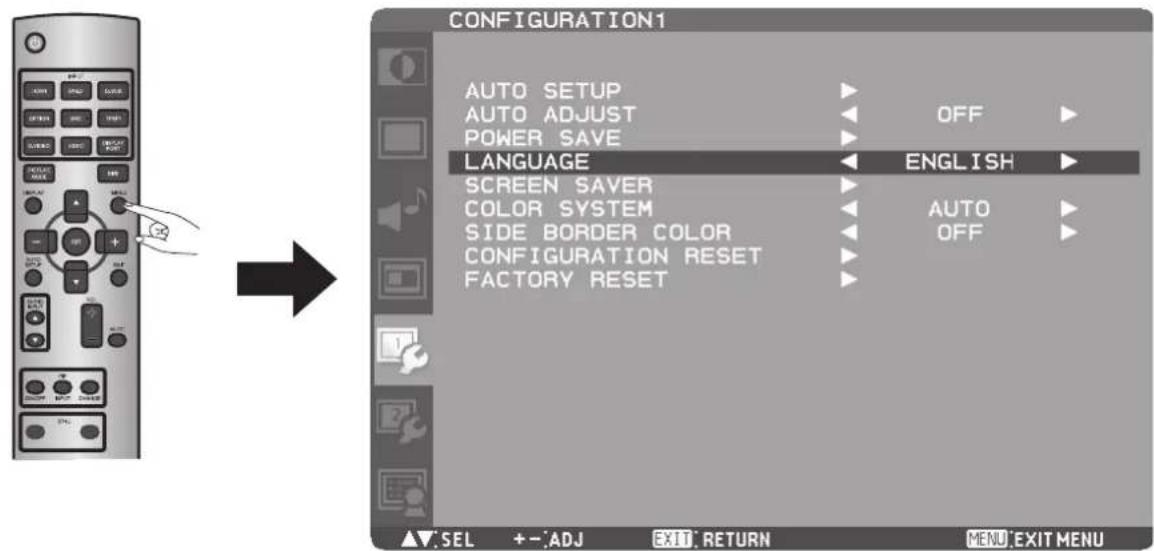 CONFIGURATION1 AUTO SETUP AUTO ADJUST POWER SAVE LANGUAGE ENGLISH SCREEN SAVER COLOR SYSTEM SIDE BORDER COLOR CONFIGURATION RESET FACTORY RESET OFF AUTO OFF ▲▼:SEL +--:ADJ EXIT:RETURN MENU:EXIT MENU