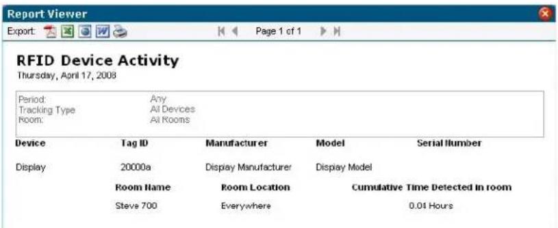 Report Viewer Export: RFID Device Activity Thursday, April 17, 2008 Period: Any Tracking Type All Devices Room: All Rooms Device Tag ID Manufacturer Model Serial Number Display 20000a Display Manufacturer Display Model Room Name Room Location Cumulative Time Detected in room Steve 700 Everywhere 0.04 Hours