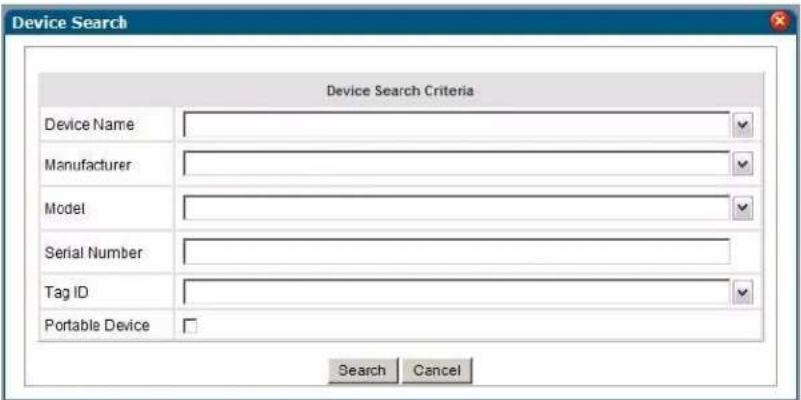 Device Search Device Search Criteria Device Name Manufacturer Model Serial Number Tag ID Portable Device Search Cancel