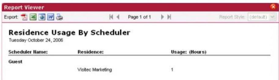 Report Viewer Export: Page 1 of 1 Report Style: (default) Residence Usage By Scheduler Tuesday October 24, 2006 Scheduler Name: Residence: Usage: (Hours) Guest Visitec Marketing 1