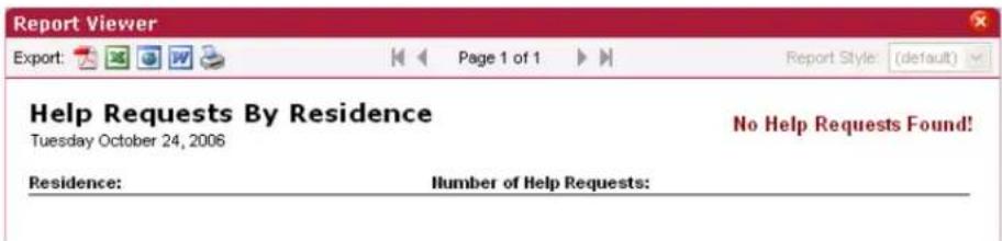 Report Viewer Export: Page 1 of 1 Report Style: (default) Help Requests By Residence Tuesday October 24, 2006 No Help Requests Found! Residence: Number of Help Requests: