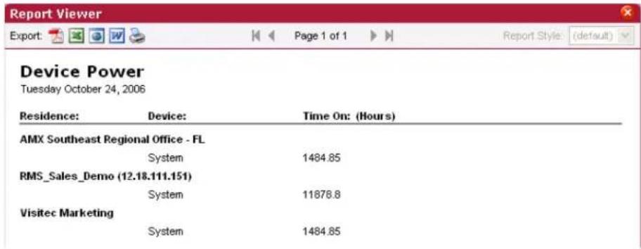 Report Viewer Export: Page 1 of 1 Report Style: (default) Device Power Tuesday October 24, 2006 Residence: Device: Time On: (Hours) AMX Southeast Regional Office - FL System 1484.85 RMS_Sales_Demo (12.18.111.151) System 11878.8 Visitec Marketing System 1484.85