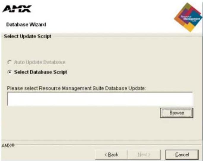 AMX Database Wizard Select Update Script ○ Auto Update Database ● Select Database Script Please select Resource Management Suite Database Update: Browse AMX® < Back Next > Cancel