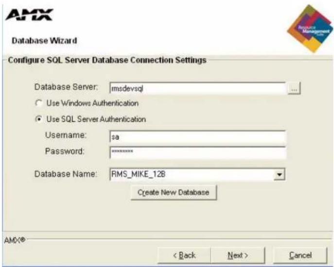 AMX Database Wizard Configure SQL Server Database Connection Settings Database Server: imsdevsql Use Windows Authentication Use SQL Server Authentication Username: $a Password: ******** Database Name: RMS_MIKE_12B Create New Database AMX® < Back Next > Cancel