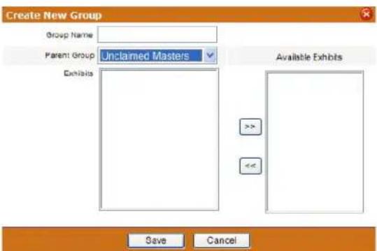 Create New Group Group Name Parent Group Unclaimed Masters Exhibits Available Exhibits >>> << Save Cancel
