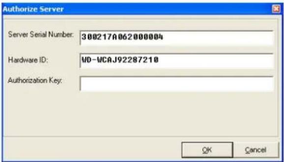 Authorize Server Server Serial Number: 300217A062000004 Hardware ID: WD-WCAJ92287210 Authorization Key: OK Cancel