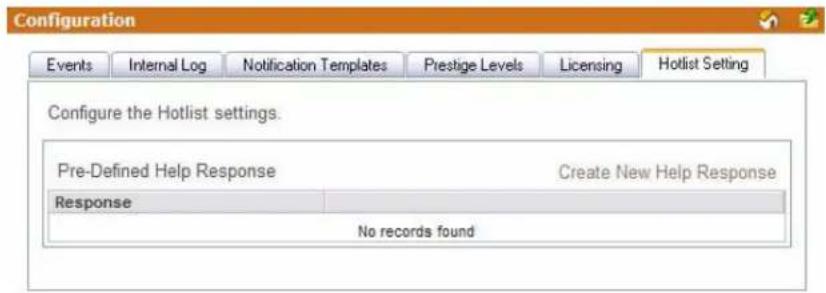 Configuration Events Internal Log Notification Templates Prestige Levels Licensing Hotlist Setting Configure the Hotlist settings. Pre-Defined Help Response Create New Help Response Response No records found