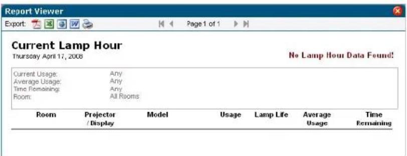 Report Viewer Export: Page 1 of 1 Current Lamp Hour Thursday April 17, 2008 No Lamp Hour Data Found! Current Usage: Any Average Usage: Any Time Remaining: Any Room: All Rooms Room Projector Model Usage Lamp Life Average Time / Display Usage Usagesi Remaining