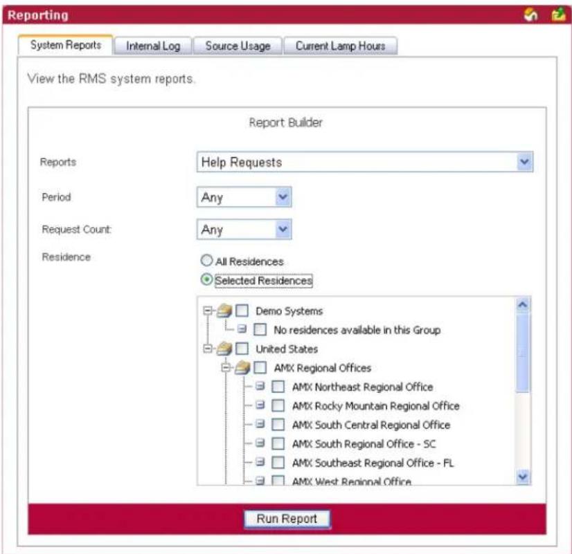 Reporting System Reports Internal Log Source Usage Current Lamp Hours View the RMS system reports. Report Builder Reports Help Requests Period Any Request Count: Any Residence All Residences Selected Residences Demo Systems No residences available in this Group United States AMX Regional Offices AMX Northeast Regional Office AMX Rocky Mountain Regional Office AMX South Central Regional Office AMX South Regional Office - SC AMX Southeast Regional Office - FL AMX West Regional Office Run Report