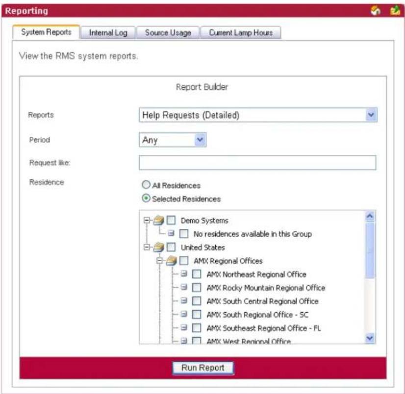Reporting System Reports Internal Log Source Usage Current Lamp Hours View the RMS system reports. Report Builder Reports Help Requests (Detailed) Period Any Request like: Residence All Residences Selected Residences Demo Systems No residences available in this Group United States AMX Regional Offices AMX Northeast Regional Office AMX Rocky Mountain Regional Office AMX South Central Regional Office AMX South Regional Office - SC AMX Southeast Regional Office - FL AMX West Regional Office Run Report