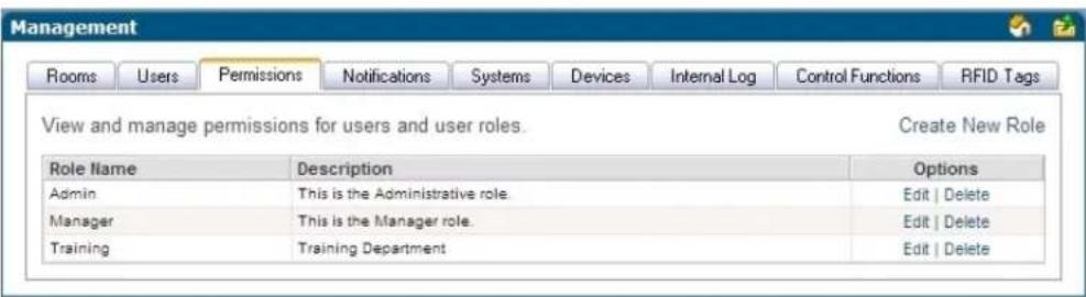 Management Rooms Users Permissions Notifications Systems Devices Internal Log Control Functions RFID Tags View and manage permissions for users and user roles. Create New Role Role Name Description Options Admin This is the Administrative role. Edit | Delete Manager This is the Manager role. Edit | Delete Training Training Department Edit | Delete