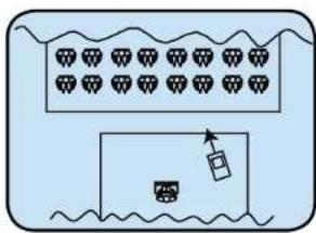 Diagram showing a container with containers and a moving cart, possibly illustrating a shipping or storage procedure.