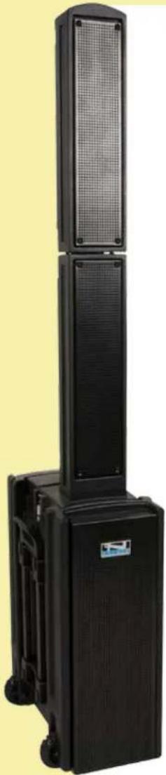 Black multi-tiered electronic device with mesh top and wheels, no visible text or symbols