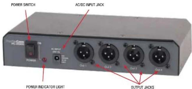 POWER SWITCH AC/DC INPUT JACK POWER AC INPUT 247.15 Power Out 1 Out 2 Out 3 Output jacks POWER INDICATOR LIGHT