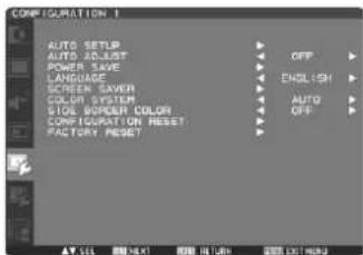 CONFIGURATION 1 AUTO SETUP AUTO ADJUST POWER SAVE LANGUAGE SCREEN SAVESER COLOR SYSTEM SOLID SCREEN COLOR CONFIGURATION RESET FACTORY RESET