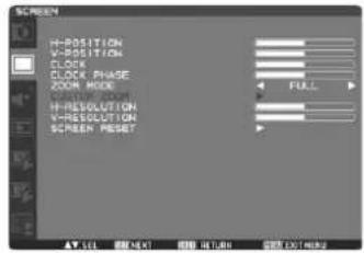 SCREEN H-POSITION V-POSITION CLOCK CLOCK PHASE ZOOM MODE H-RESOLUTION V-RESOLUTION SCREEN RESET FULL AV 100 剪切 按钮 进行按钮 定制 100/100/2