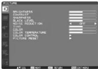 PICTURE BRIGHTNESS CONTRACY SHAKNESS BLACK LEVEL NOISE REDUCTION TIME COLOR COLOR TEMPERATURE COLOR CONTROL PICTURE MOUNT
