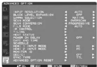 ADVANCED OPTION INPUT RESOLUTION BLACK LEVEL EXPANSION GARANT SELECTION SCAN MODE SCAN CONVERSION FILM MODE IF CONTROL TILLING NEXT STATUS POWER ON DELAY DATE AND TIME SCHEDULE HDMI 1 INPUT MODE HDMI 2 INPUT MODE MONITOR ID SYNC TYPE SYNC TYPE ADVANCED OPTION RESET AUTO OFF NOVATIVE OVERSCAN PROGRESSIVE AUTO OFF PC PC OFF TTL