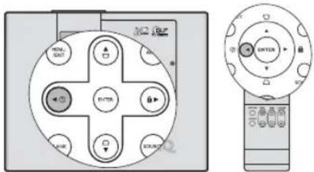 Diagram showing two remote control panels with labeled buttons and a central rotary knob, likely illustrating remote control or navigation.