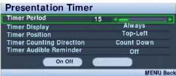 Presentation Timer Timer Period 15 Timer Display Always Timer Position Top-Left Timer Counting Direction Count Down Timer Audible Reminder Off On Off MENU Back