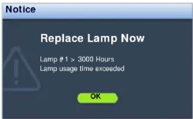 Notice Replace Lamp Now Lamp #1 > 3000 Hours Lamp usage time exceeded OK