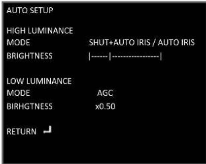 AUTO SETUP HIGH LUMINANCE MODE SHUT+AUTO IRIS / AUTO IRIS BRIGHTNESS |----|---- LOW LUMINANCE MODE AGC BIRHGTNESS x0.50 RETURN ↙