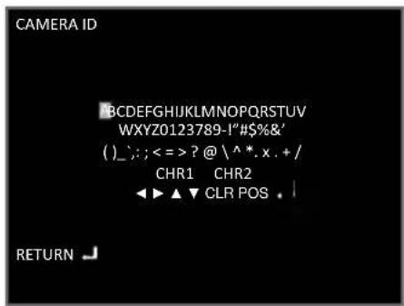 CAMERA ID BCDEFGHIJKLMNOPQRSTUV WXYZ0123789-1"#$%&' ()/_:;<=>?@^\*.*.x.+/ CHR1 CHR2 ◀▶ ▲▼ CLR POS • | RETURN ↕