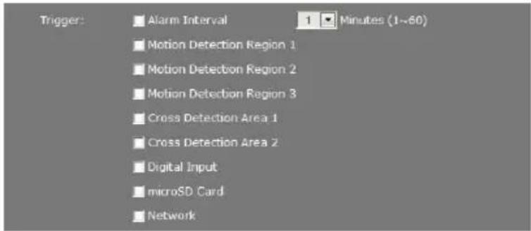 Trigger: Alarm Interval 1 Minutes (1~60) Motion Detection Region 1 Motion Detection Region 2 Motion Detection Region 3 Cross Detection Area 1 Cross Detection Area 2 Digital Input microSD Card Network